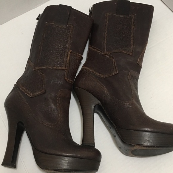 Miu  Miu Heel Tall  Brown Italian Made Leather Platform Boots Size 7 - Picture 7 of 12